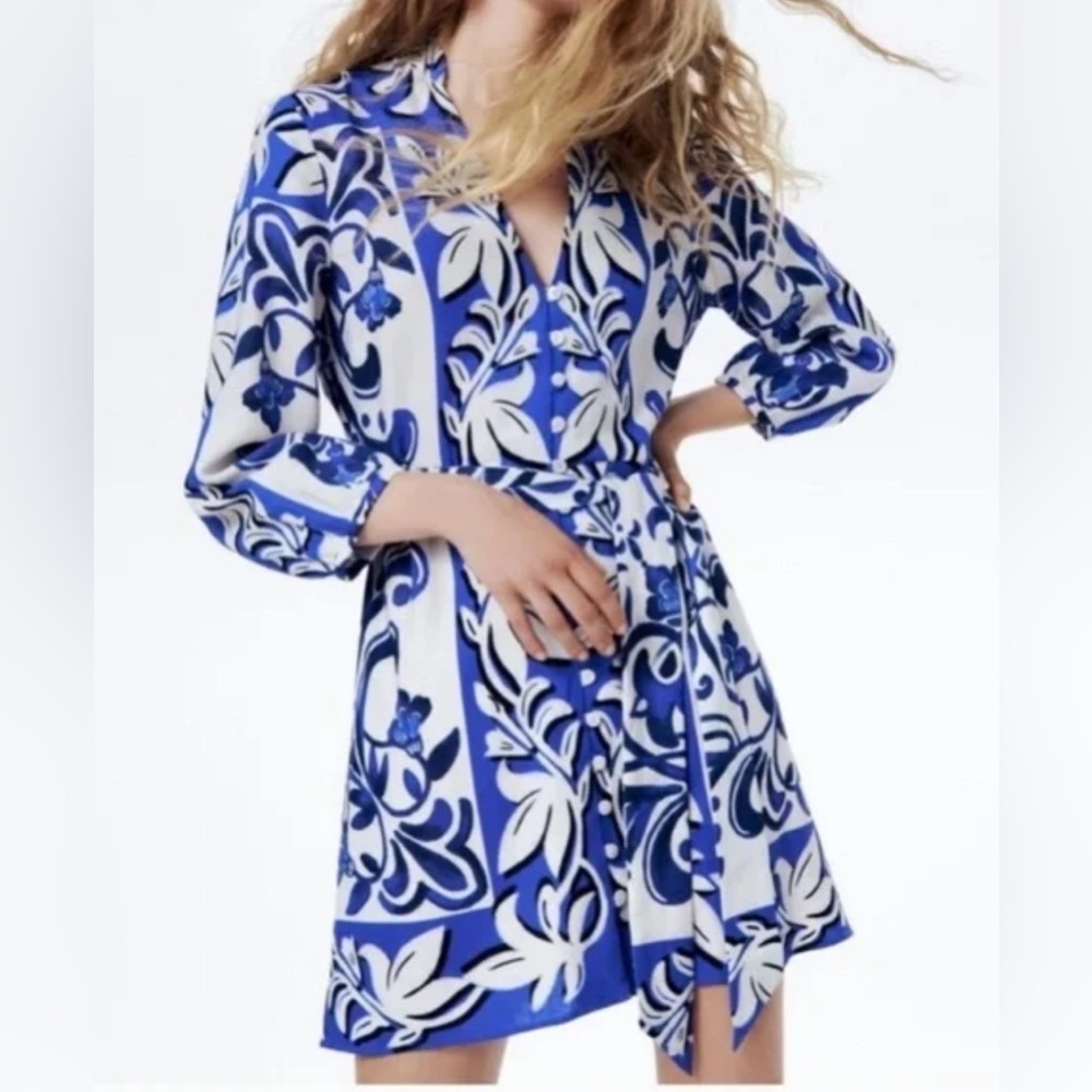 ZARA white and blue floral print linen blend shirt dress.